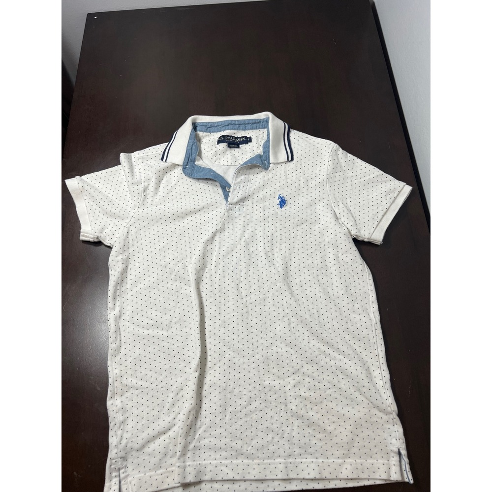 US Polo Assn Mens Small White Polka Dot Short Sleeve Polo Shirt Blue Pony Logo